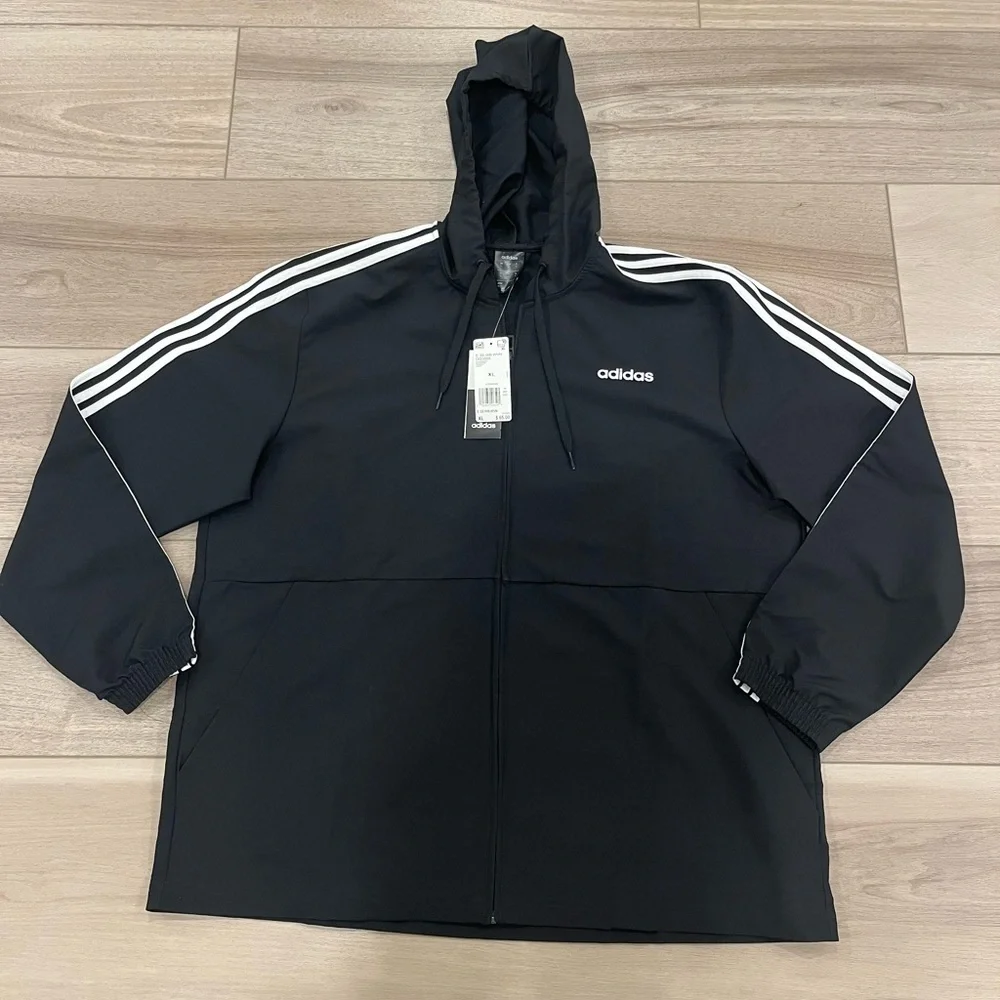 Adidas Essentials 3-Stripes Woven Windbreaker Track Jacket - Black - XL NWT